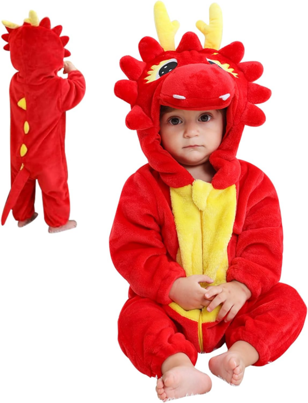 Baby Dragon Costume, Cute Animal Baby Snowsuit Double Zip Soft Flannel Baby Jumpsuit with Hoodie and Tail for Toddler Cosplay